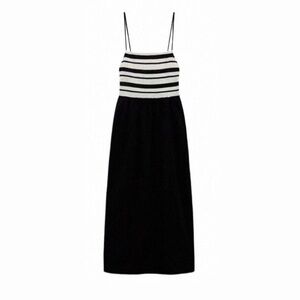 Zara crochet knit striped top midi dress M black cream